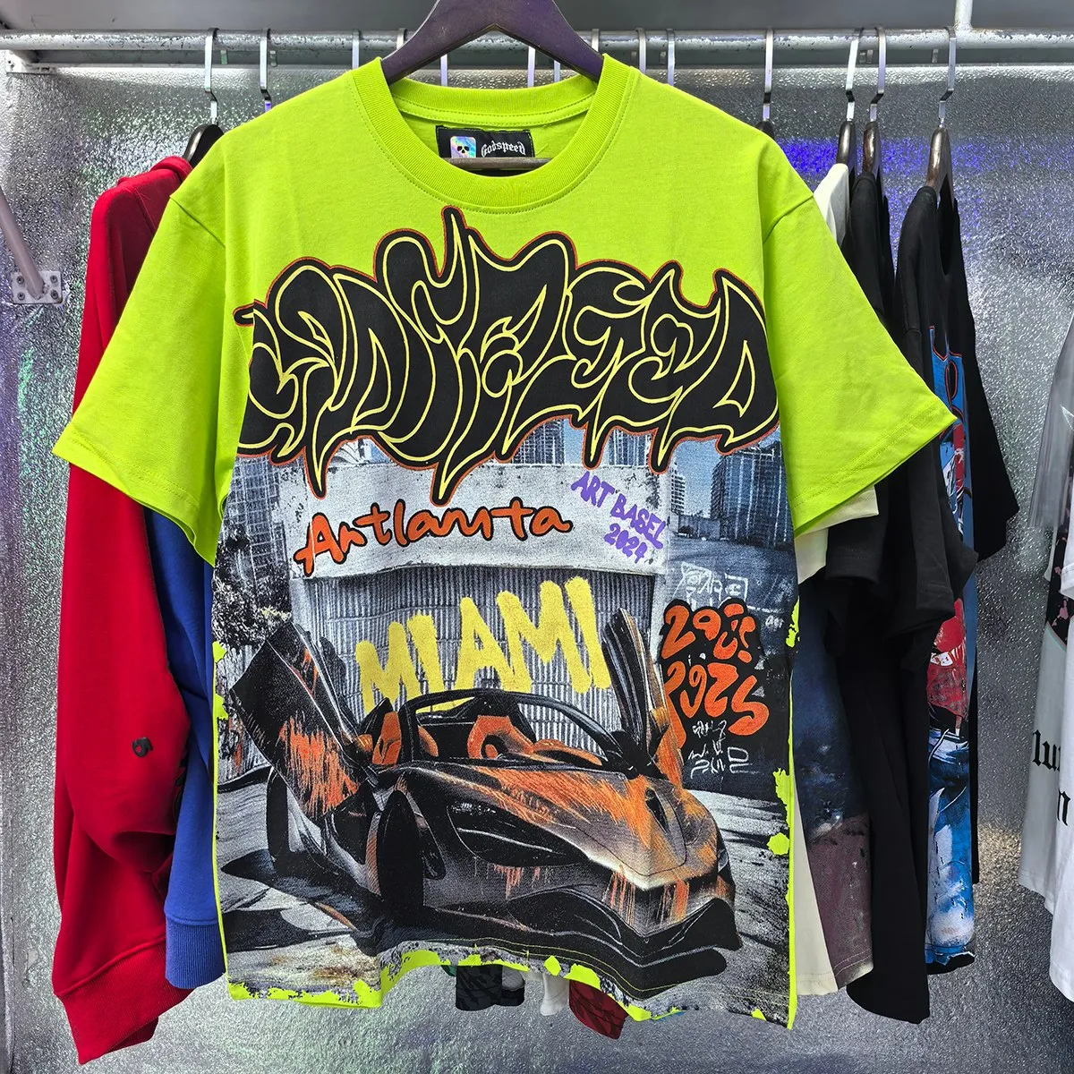 Actual photo, No. 7050, Meichao Godspeed Atlanta limited edition supercar printed high-quality double yarn pure cotton casual short-sleeved T-shirt batch 110 Color: black, white, green; Size: S M L XL