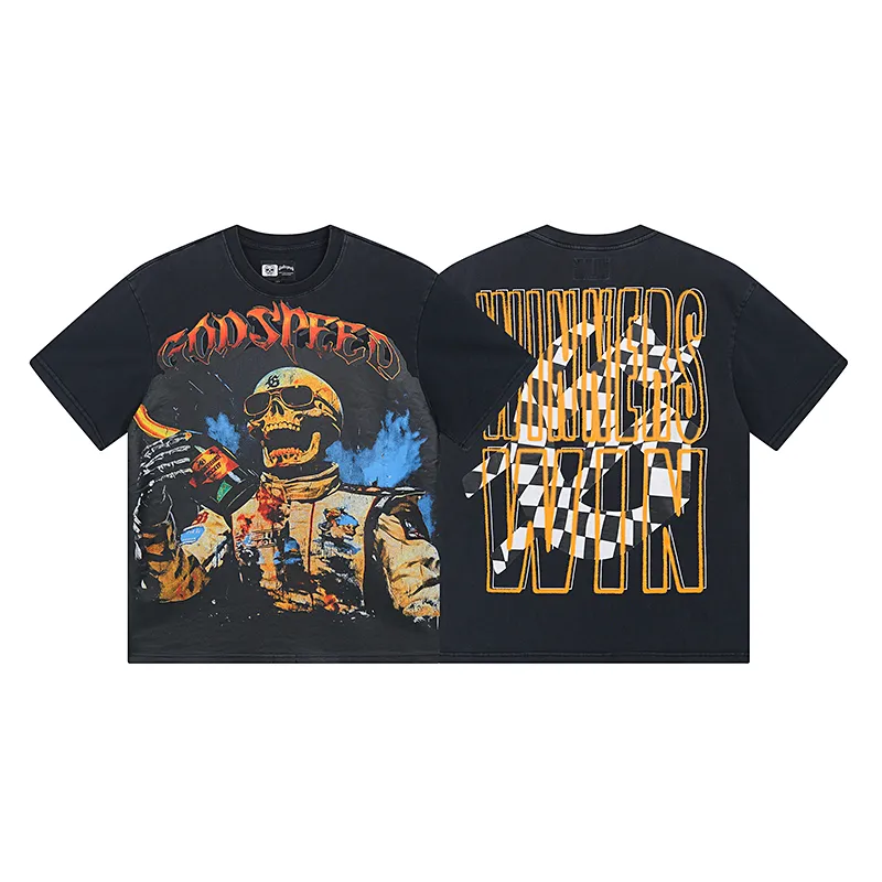 1016# P126 Washed Style Real Shot Godspeed American Fashion Rock Street Retro Washed Distressed Printed Cotton Short Sleeves Fabric: 250g 32 Count Fine Cotton Double Yarn Pure Cotton Color: Washed Black Size: S M L XL
