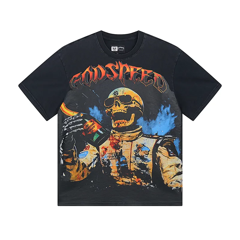 1016# P126 Washed Style Real Shot Godspeed American Fashion Rock Street Retro Washed Distressed Printed Cotton Short Sleeves Fabric: 250g 32 Count Fine Cotton Double Yarn Pure Cotton Color: Washed Black Size: S M L XL