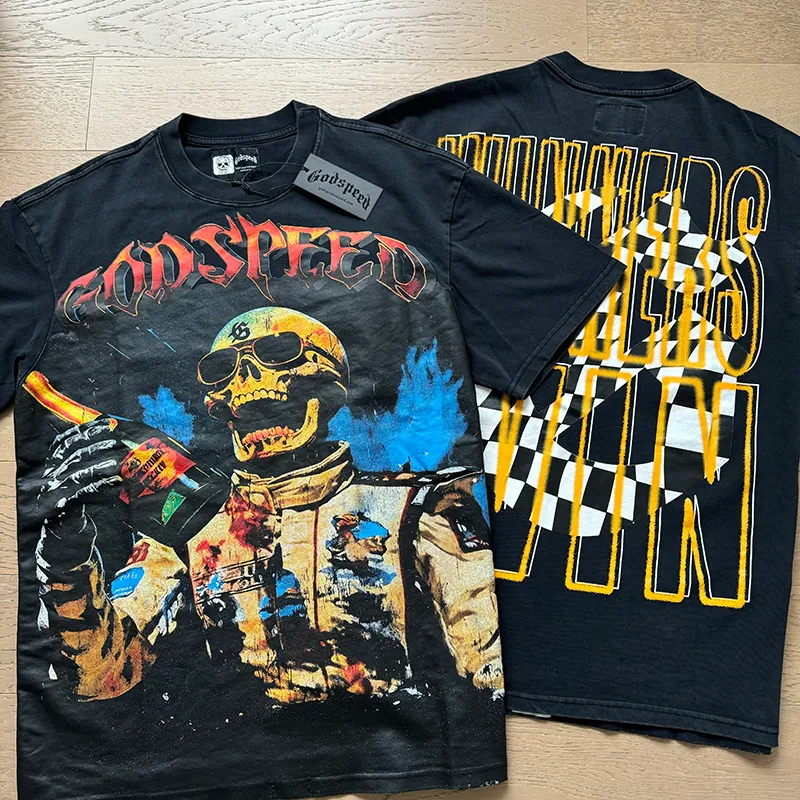 1016# P126 Washed Style Real Shot Godspeed American Fashion Rock Street Retro Washed Distressed Printed Cotton Short Sleeves Fabric: 250g 32 Count Fine Cotton Double Yarn Pure Cotton Color: Washed Black Size: S M L XL
