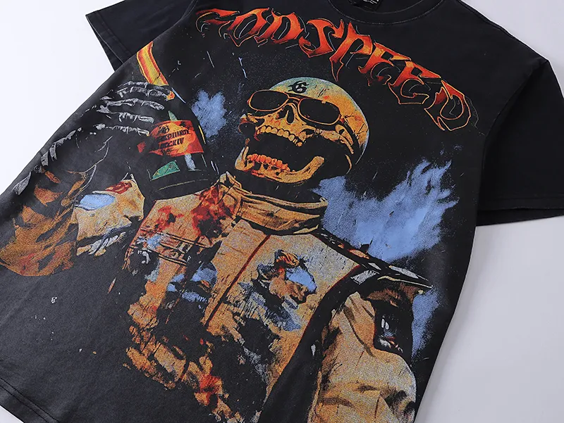 1016# P126 Washed Style Real Shot Godspeed American Fashion Rock Street Retro Washed Distressed Printed Cotton Short Sleeves Fabric: 250g 32 Count Fine Cotton Double Yarn Pure Cotton Color: Washed Black Size: S M L XL