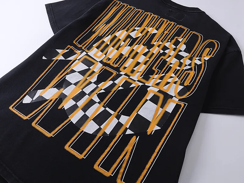 1016# P126 Washed Style Real Shot Godspeed American Fashion Rock Street Retro Washed Distressed Printed Cotton Short Sleeves Fabric: 250g 32 Count Fine Cotton Double Yarn Pure Cotton Color: Washed Black Size: S M L XL