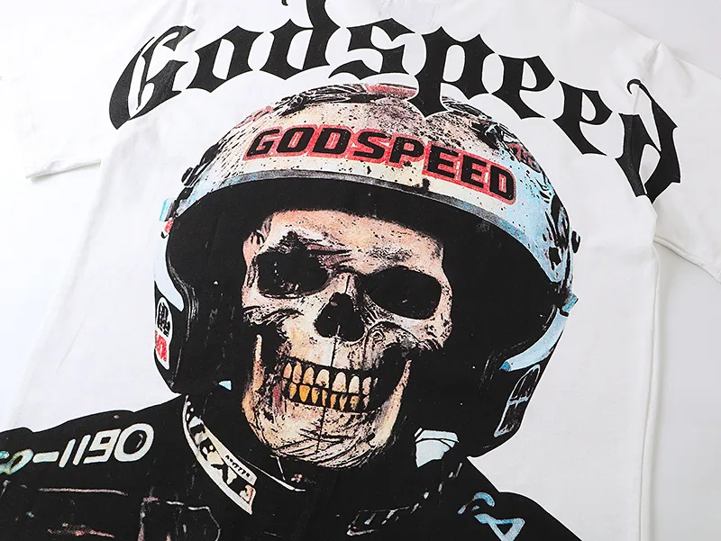 3076# P106 Real shot Godspeed American fashion rock street retro loose printed cotton short sleeves Fabric: 240g 32 count fine cotton double yarn pure cotton Color: off-white Size: S M L XL