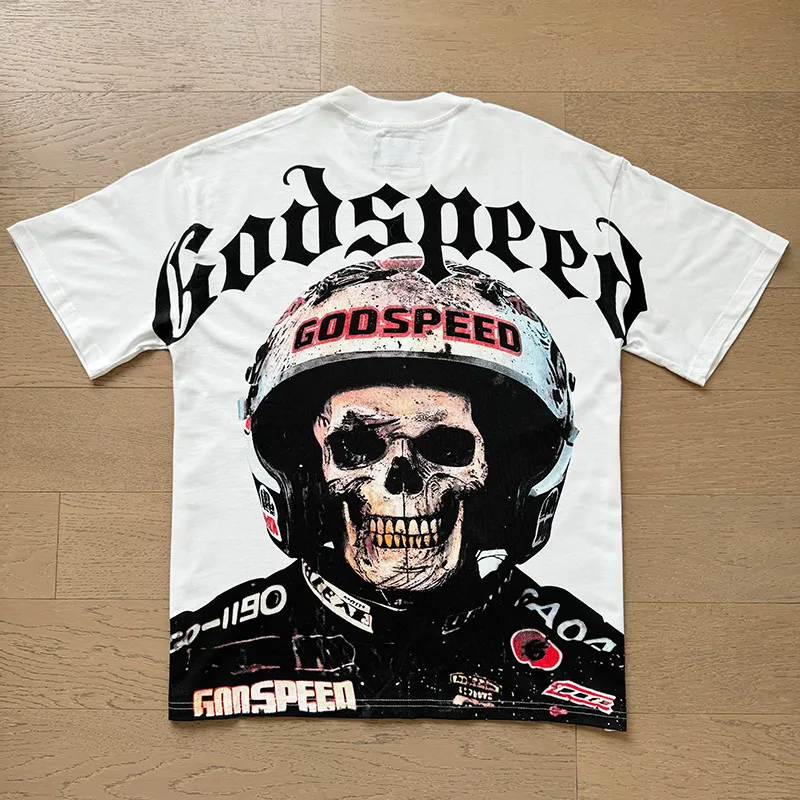 3076# P106 Real shot Godspeed American fashion rock street retro loose printed cotton short sleeves Fabric: 240g 32 count fine cotton double yarn pure cotton Color: off-white Size: S M L XL