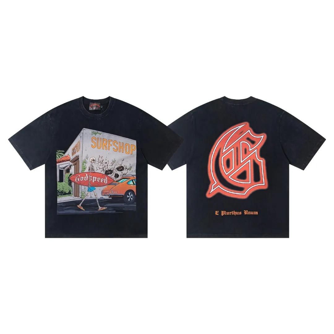 G28# GodSpeed ​​white ink direct spray washed short-sleeved S-XL size gray (washed) P126 black (washed) P126