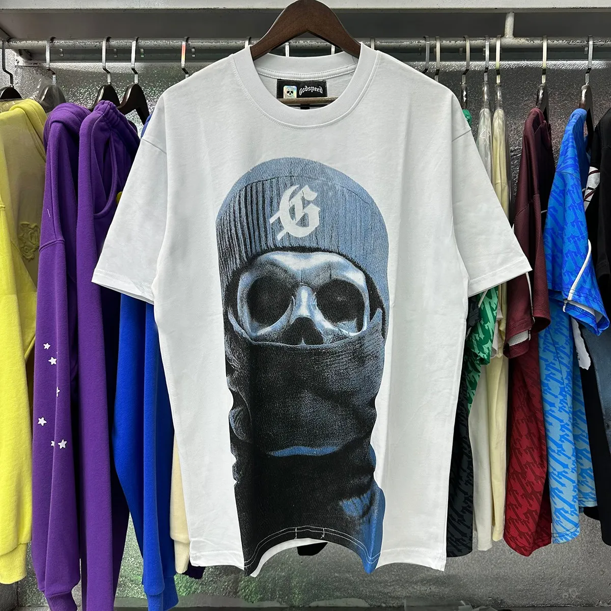 Actual photo, No. 7036, Mechao Godspeed masked man print high weight double yarn pure cotton casual short-sleeved T-shirt batch 110 Color: black, white; Size: S M L XL