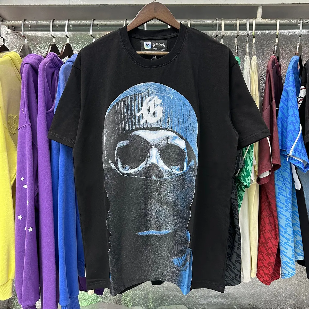 Actual photo, No. 7036, Mechao Godspeed masked man print high weight double yarn pure cotton casual short-sleeved T-shirt batch 110 Color: black, white; Size: S M L XL