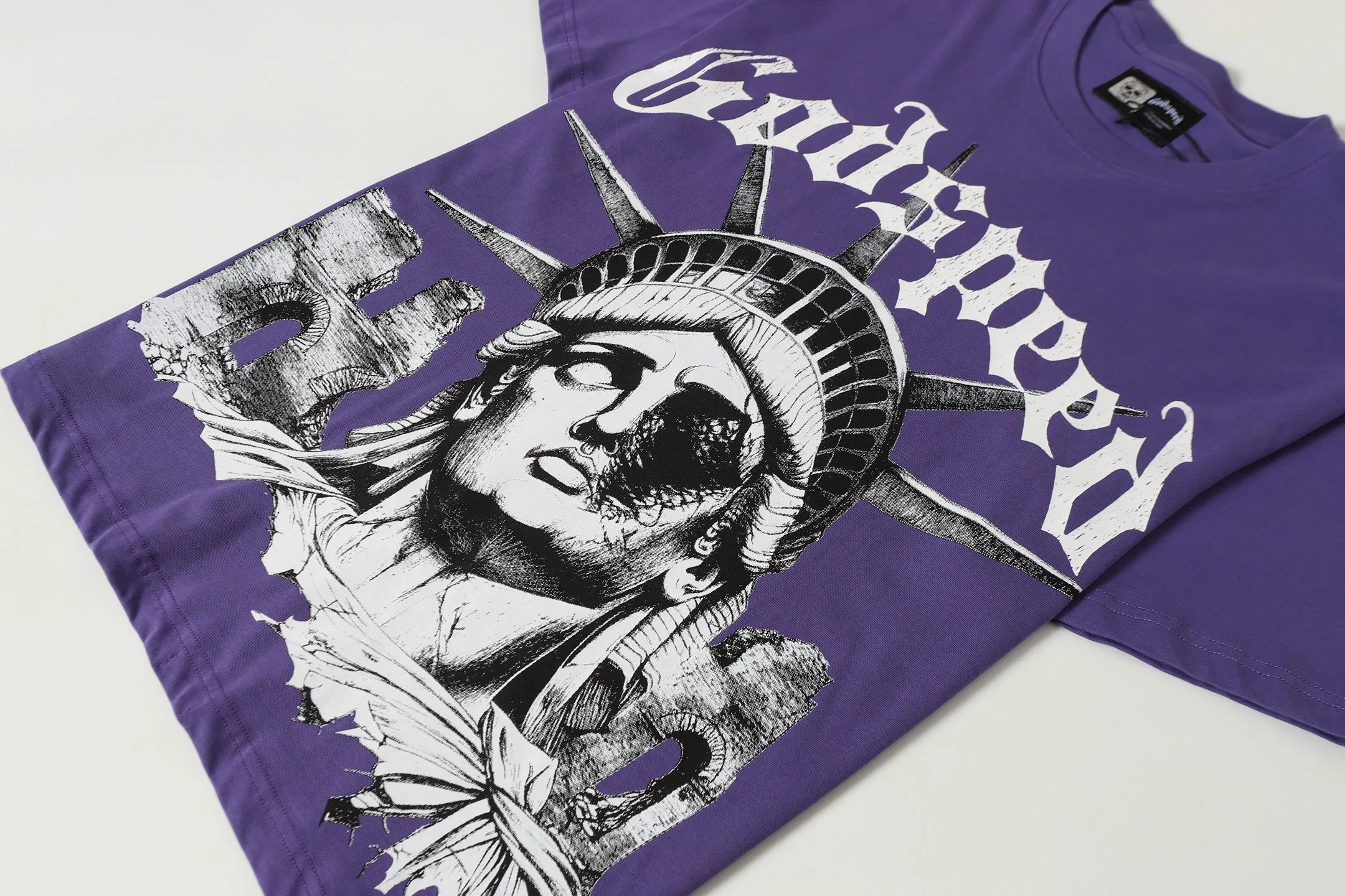 5086#vine purple/apricot | P104 Godspeed cross-border American rock and roll street washed retro style short-sleeved T (craft printing) fabric (fabric) 32 counts combed double yarn 240 grams weight code number (size): S-M-L-XL color (colour): apricot/vine purple 👉