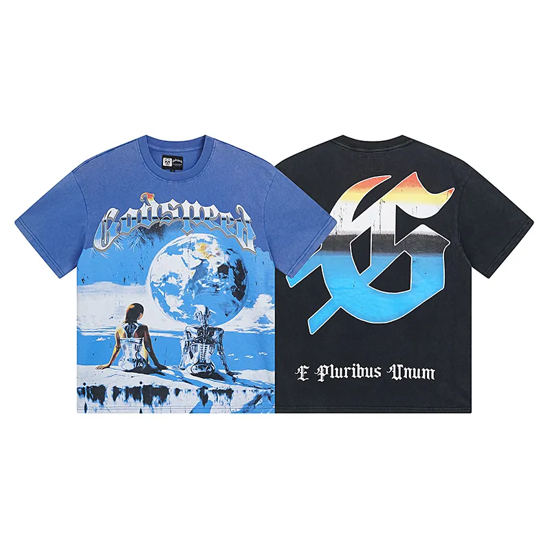 1005# P126 Washed model Real shot Godspeed American fashion rock street retro washed distressed printed cotton short sleeves Fabric: 250g 32 count fine cotton double yarn pure cotton Color: washed black washed blue Code number: S M L XL