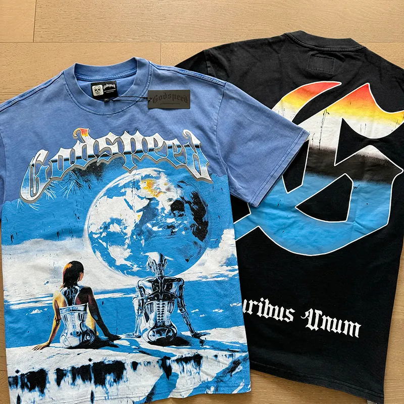 1005# P126 Washed model Real shot Godspeed American fashion rock street retro washed distressed printed cotton short sleeves Fabric: 250g 32 count fine cotton double yarn pure cotton Color: washed black washed blue Code number: S M L XL