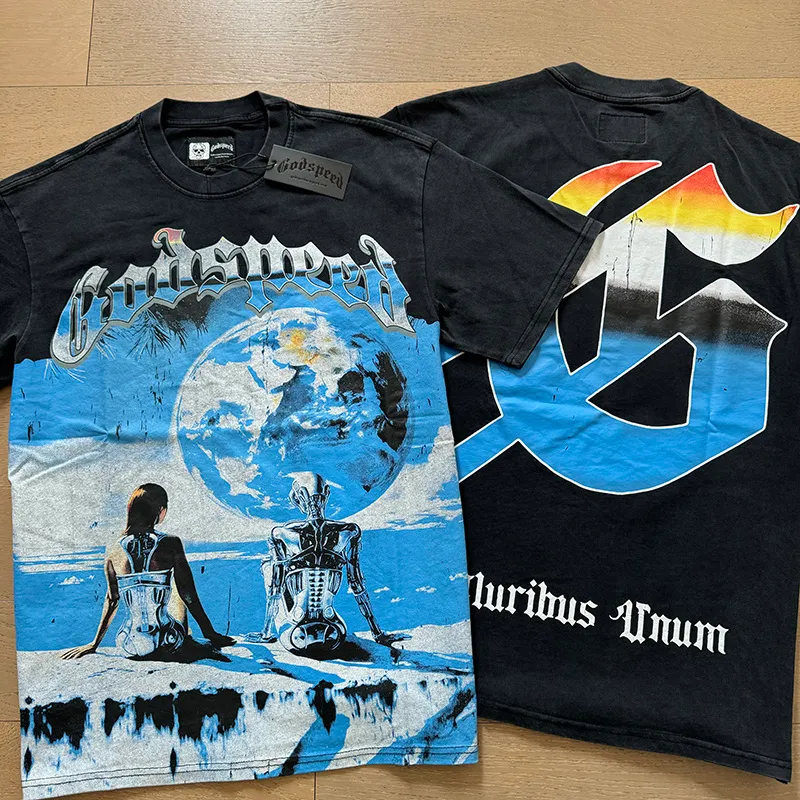 1005# P126 Washed model Real shot Godspeed American fashion rock street retro washed distressed printed cotton short sleeves Fabric: 250g 32 count fine cotton double yarn pure cotton Color: washed black washed blue Code number: S M L XL