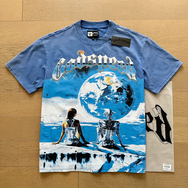 1005# P126 Washed model Real shot Godspeed American fashion rock street retro washed distressed printed cotton short sleeves Fabric: 250g 32 count fine cotton double yarn pure cotton Color: washed black washed blue Code number: S M L XL