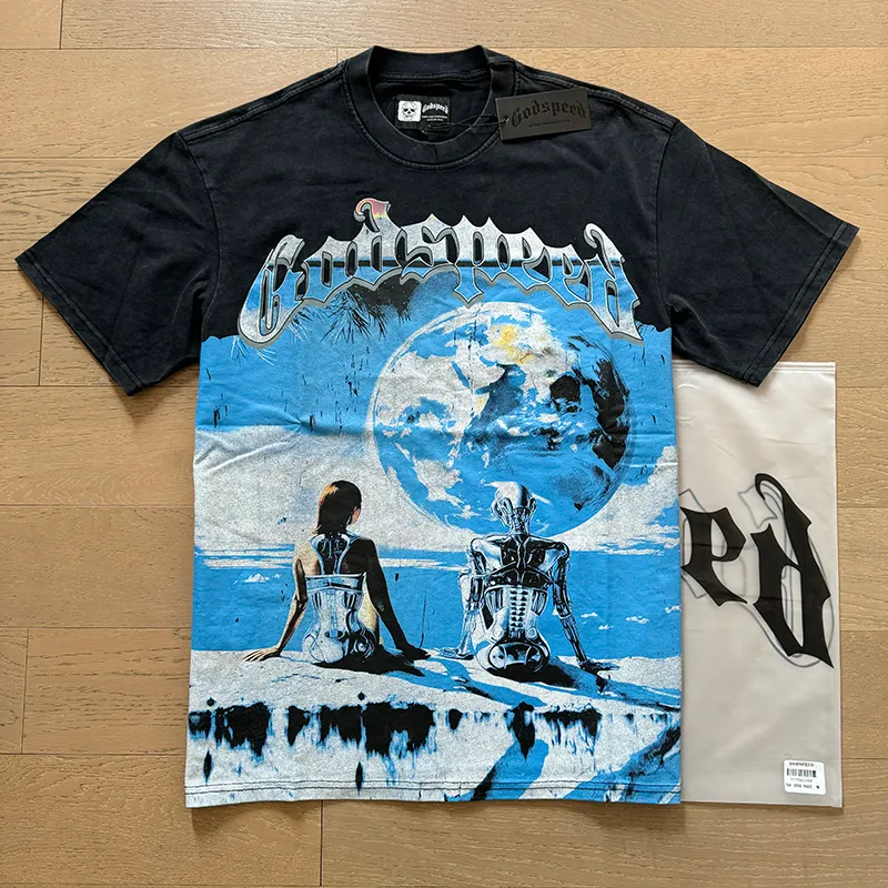 1005# P126 Washed model Real shot Godspeed American fashion rock street retro washed distressed printed cotton short sleeves Fabric: 250g 32 count fine cotton double yarn pure cotton Color: washed black washed blue Code number: S M L XL