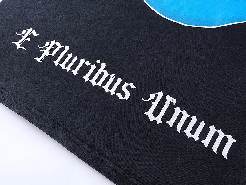 1005# P126 Washed model Real shot Godspeed American fashion rock street retro washed distressed printed cotton short sleeves Fabric: 250g 32 count fine cotton double yarn pure cotton Color: washed black washed blue Code number: S M L XL