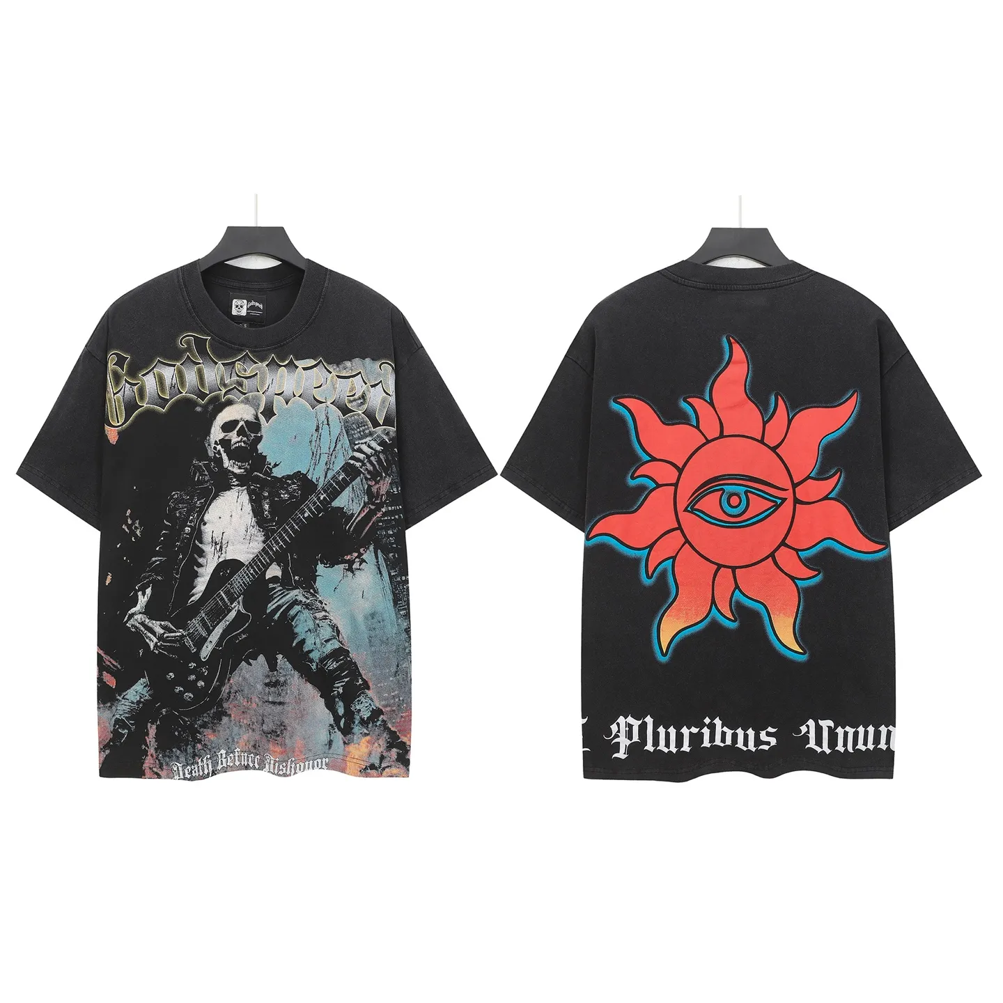 6313#washed black｜P116 Godspeed cross-border American rock and roll street washed retro style short-sleeved T (craft printing) fabric (fabric): 32 count combed double yarn 250g weight size (size): S-M-L-XL color (colour): washed black