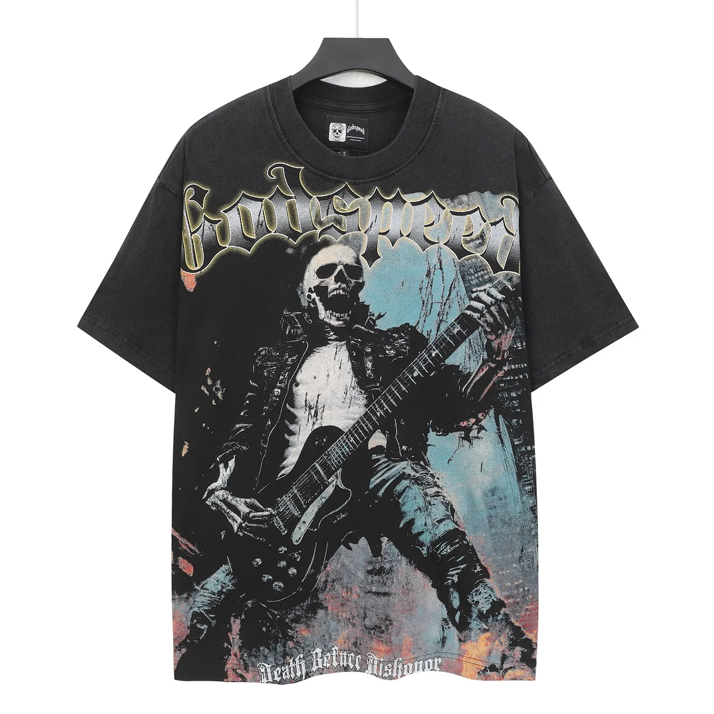 6313#washed black｜P116 Godspeed cross-border American rock and roll street washed retro style short-sleeved T (craft printing) fabric (fabric): 32 count combed double yarn 250g weight size (size): S-M-L-XL color (colour): washed black