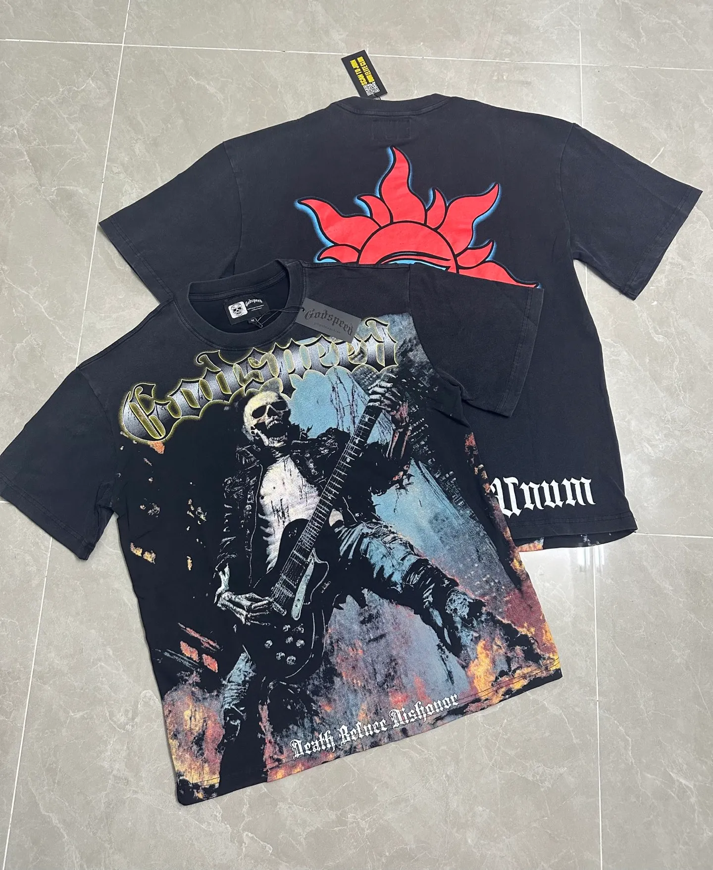 6313#washed black｜P116 Godspeed cross-border American rock and roll street washed retro style short-sleeved T (craft printing) fabric (fabric): 32 count combed double yarn 250g weight size (size): S-M-L-XL color (colour): washed black