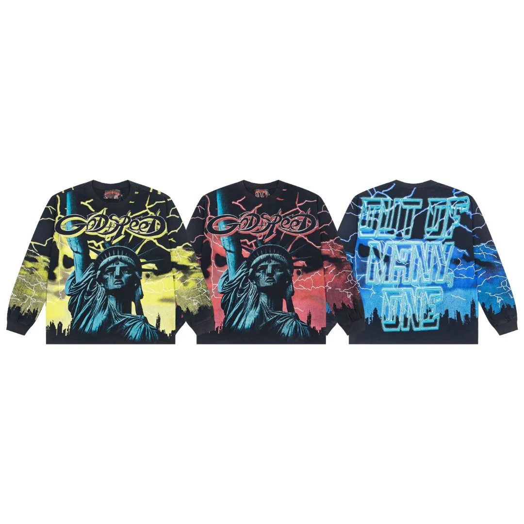 G57# GodSpeed ​​HD printed washed long sleeve S-XL size black red black blue black yellow P166