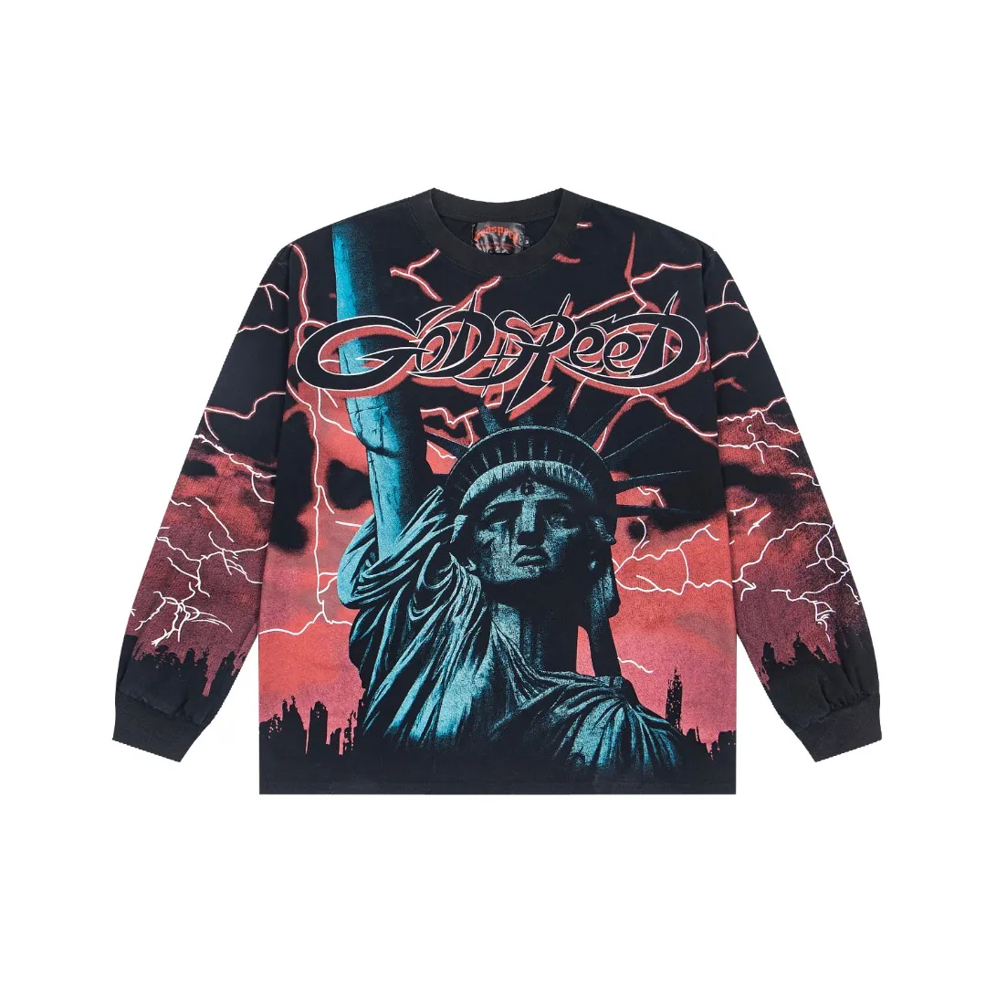 G57# GodSpeed ​​HD printed washed long sleeve S-XL size black red black blue black yellow P166