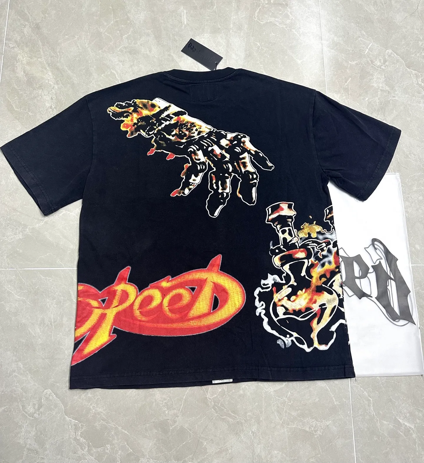 6315# washed black I P116 Godspeed cross-border American rock and roll street washed retro style short-sleeved T (craft printing) fabric (fabric): 32 count combed double yarn 250 grams weight code number (size): S-M-L-XL color (colour): washed black