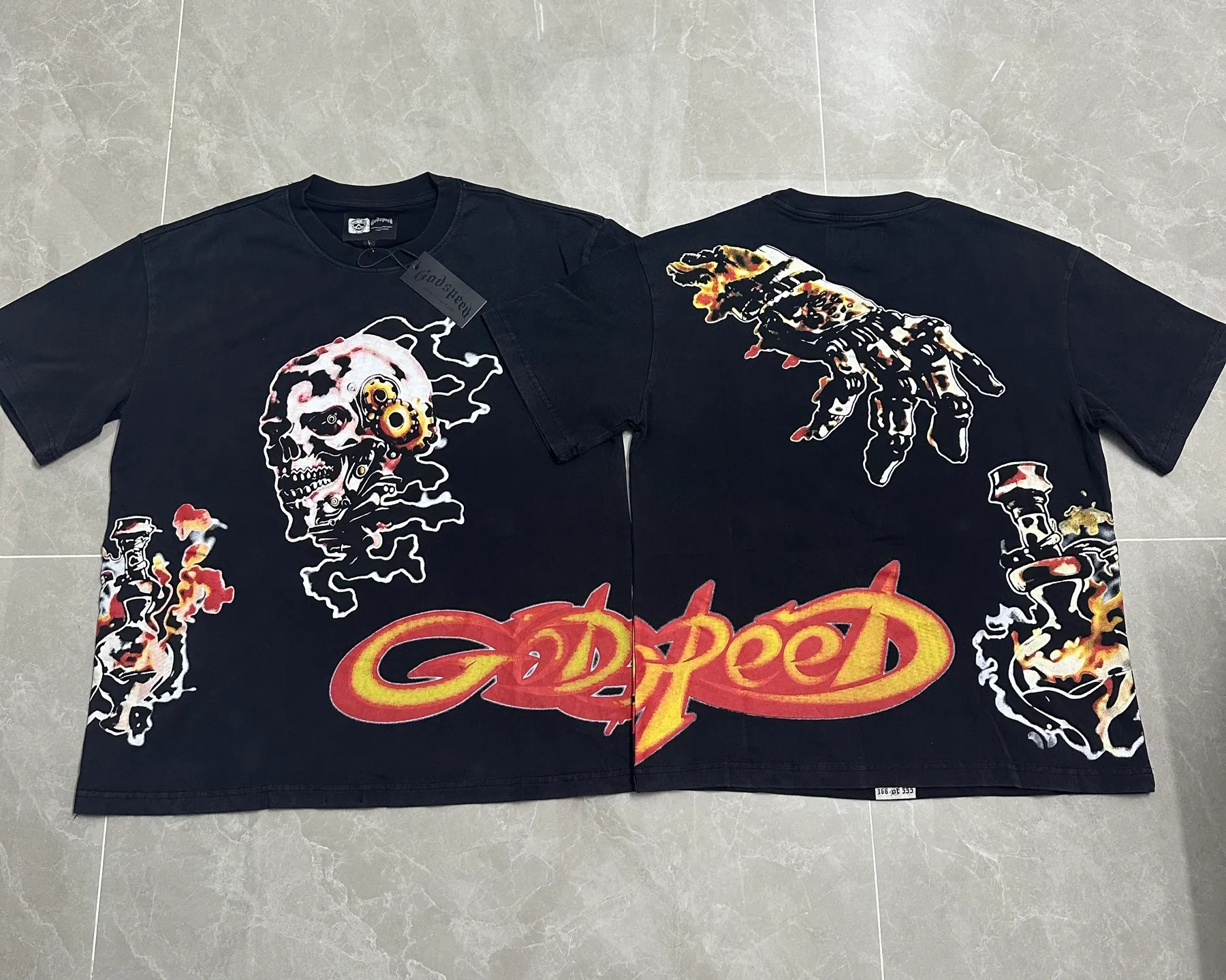 6315# washed black I P116 Godspeed cross-border American rock and roll street washed retro style short-sleeved T (craft printing) fabric (fabric): 32 count combed double yarn 250 grams weight code number (size): S-M-L-XL color (colour): washed black