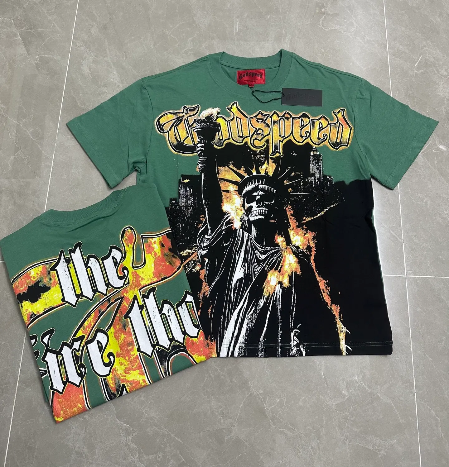 5126#pine cypress green | P106 Godspeed cross-border American rock and roll street washed retro style short-sleeved T (craft printing) fabric (fabric): 32 counts combed double yarn 240 grams weight code number (size): S-M-L-XL color (colour): pine cypress green