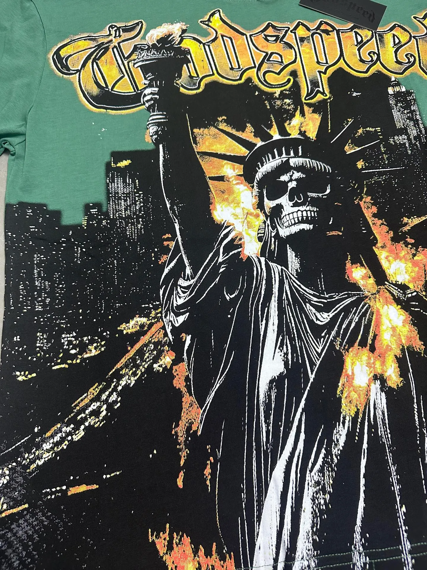 5126#pine cypress green | P106 Godspeed cross-border American rock and roll street washed retro style short-sleeved T (craft printing) fabric (fabric): 32 counts combed double yarn 240 grams weight code number (size): S-M-L-XL color (colour): pine cypress green