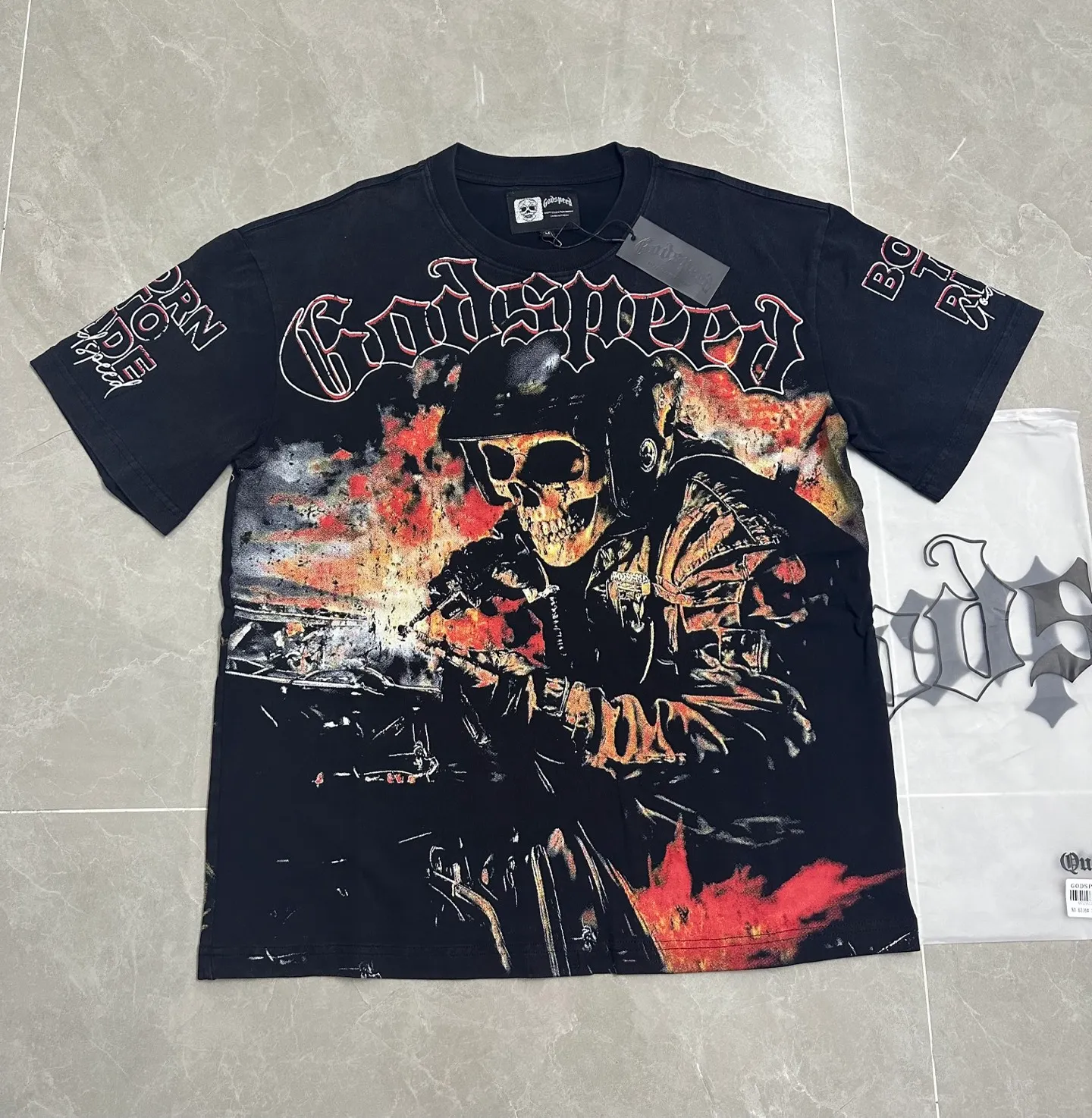 6316# washed black | P116 Godspeed cross-border American rock and roll street washed retro style short-sleeved T (craft printing) fabric (fabric): 32 count combed double yarn 250 grams weight code number (size): S-M-L-XL color (colour): washed black