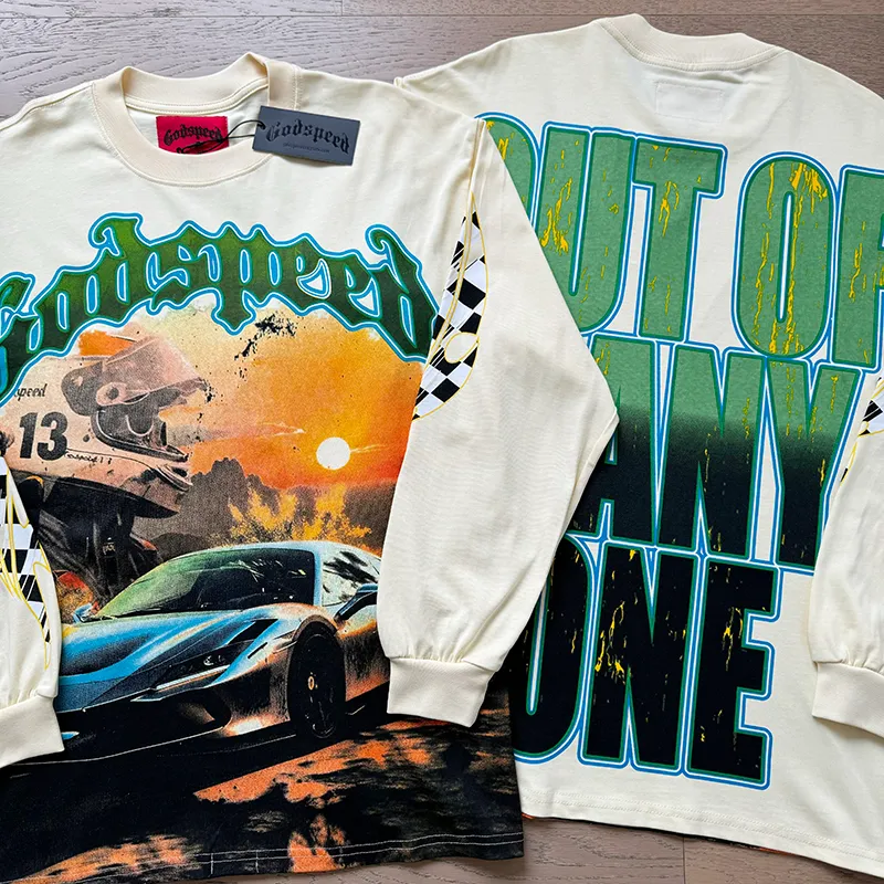 3105# P140 Real shot of Godspeed American fashion rock street pure cotton loose bottoming long-sleeved T-shirt long T. Fabric: 270g 32 count fine cotton double yarn pure cotton Color: Apricot Code number: S M L XL