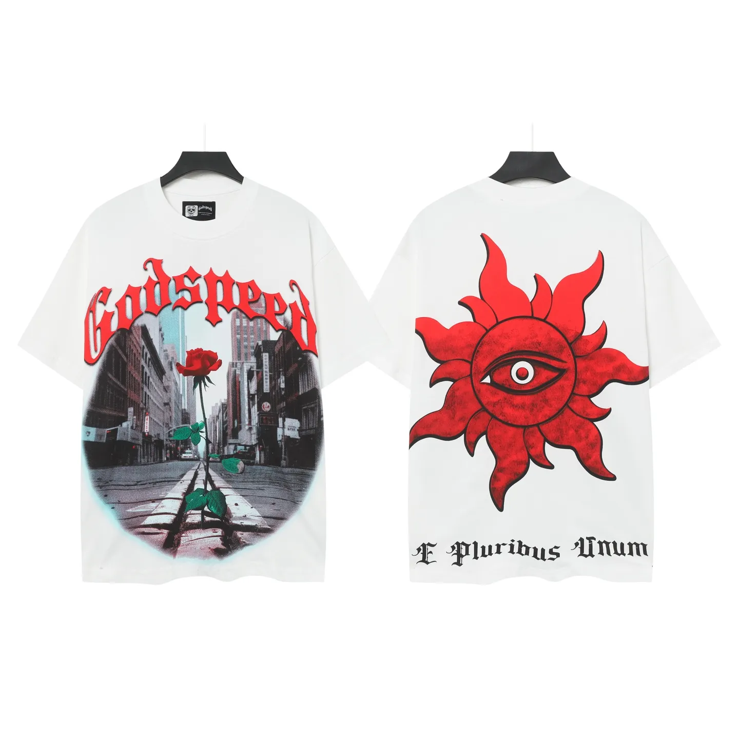 5079# | P104 Godspeed cross-border American rock and roll street washed retro style short-sleeved T (craft printing) fabric (fabric): 32-count combed double yarn 240 grams weight code number (size): S-M-L-XL color (colour): white