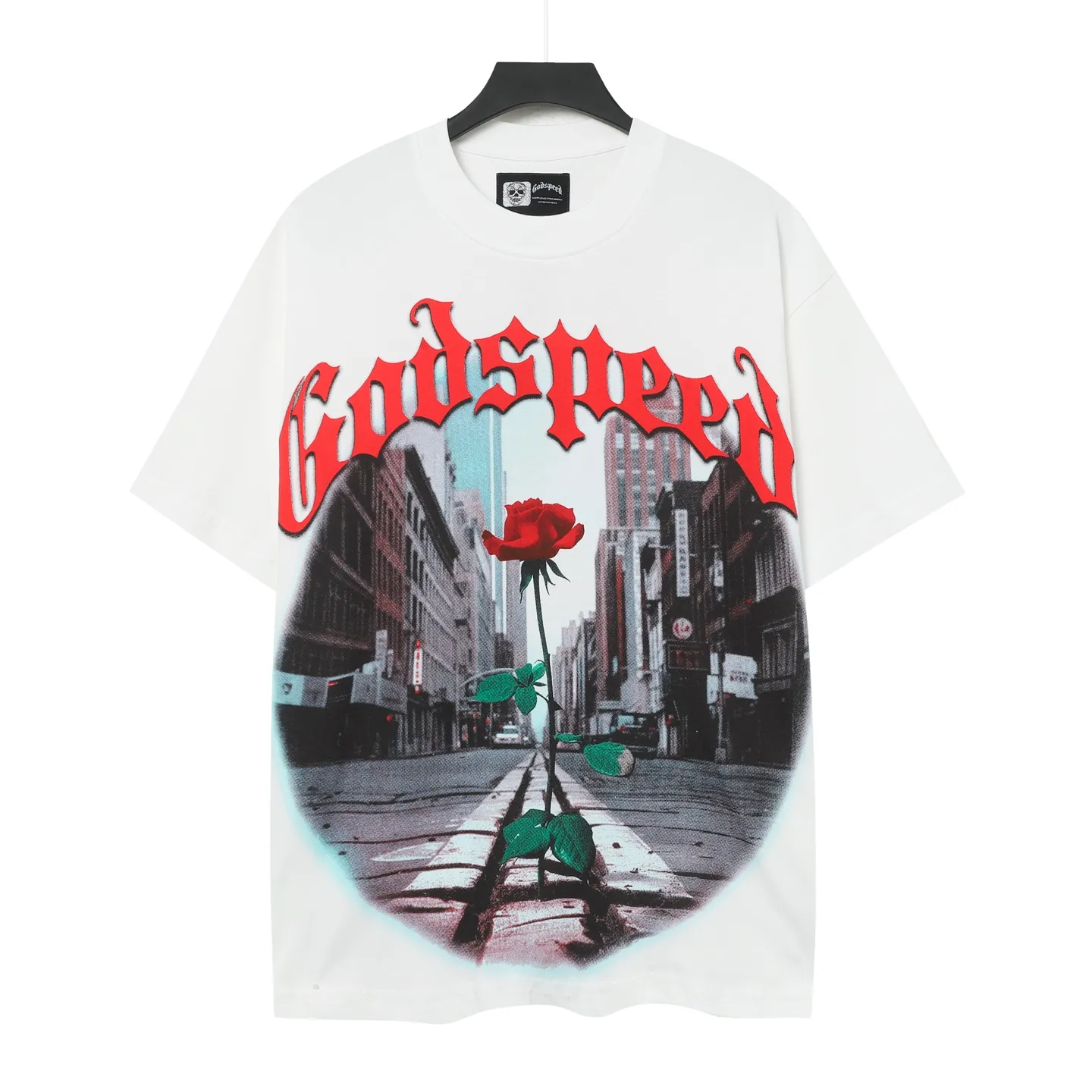 5079# | P104 Godspeed cross-border American rock and roll street washed retro style short-sleeved T (craft printing) fabric (fabric): 32-count combed double yarn 240 grams weight code number (size): S-M-L-XL color (colour): white