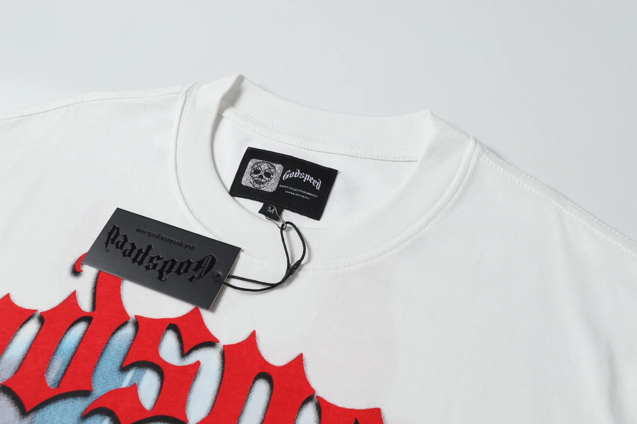 5079# | P104 Godspeed cross-border American rock and roll street washed retro style short-sleeved T (craft printing) fabric (fabric): 32-count combed double yarn 240 grams weight code number (size): S-M-L-XL color (colour): white