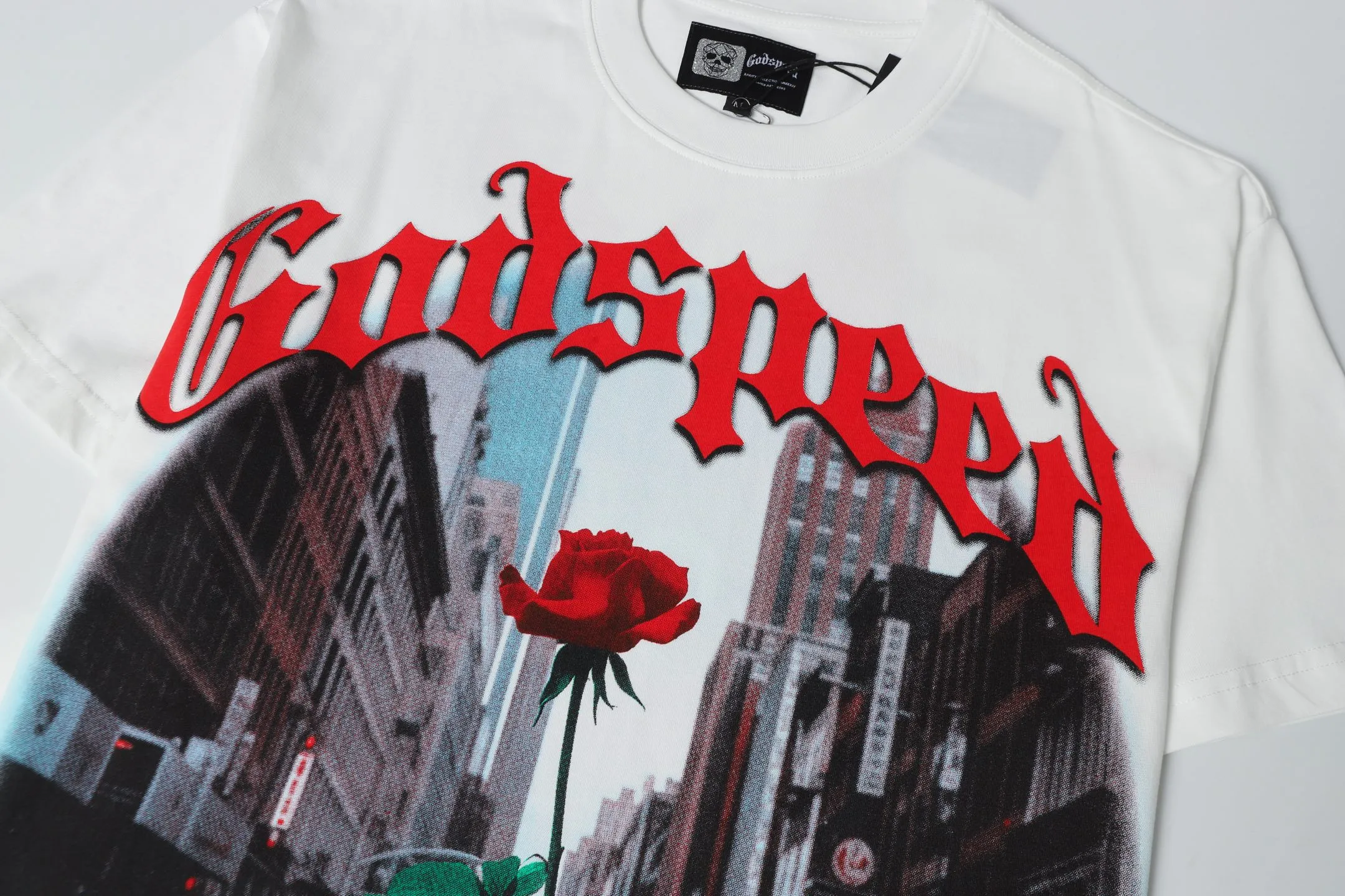 5079# | P104 Godspeed cross-border American rock and roll street washed retro style short-sleeved T (craft printing) fabric (fabric): 32-count combed double yarn 240 grams weight code number (size): S-M-L-XL color (colour): white