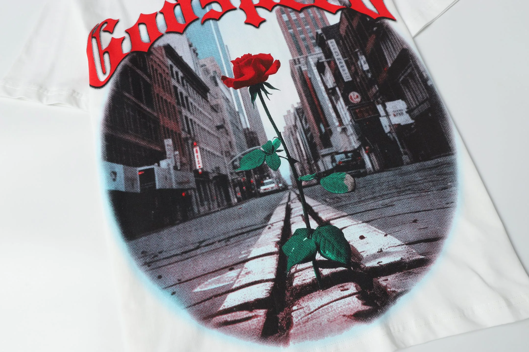 5079# | P104 Godspeed cross-border American rock and roll street washed retro style short-sleeved T (craft printing) fabric (fabric): 32-count combed double yarn 240 grams weight code number (size): S-M-L-XL color (colour): white