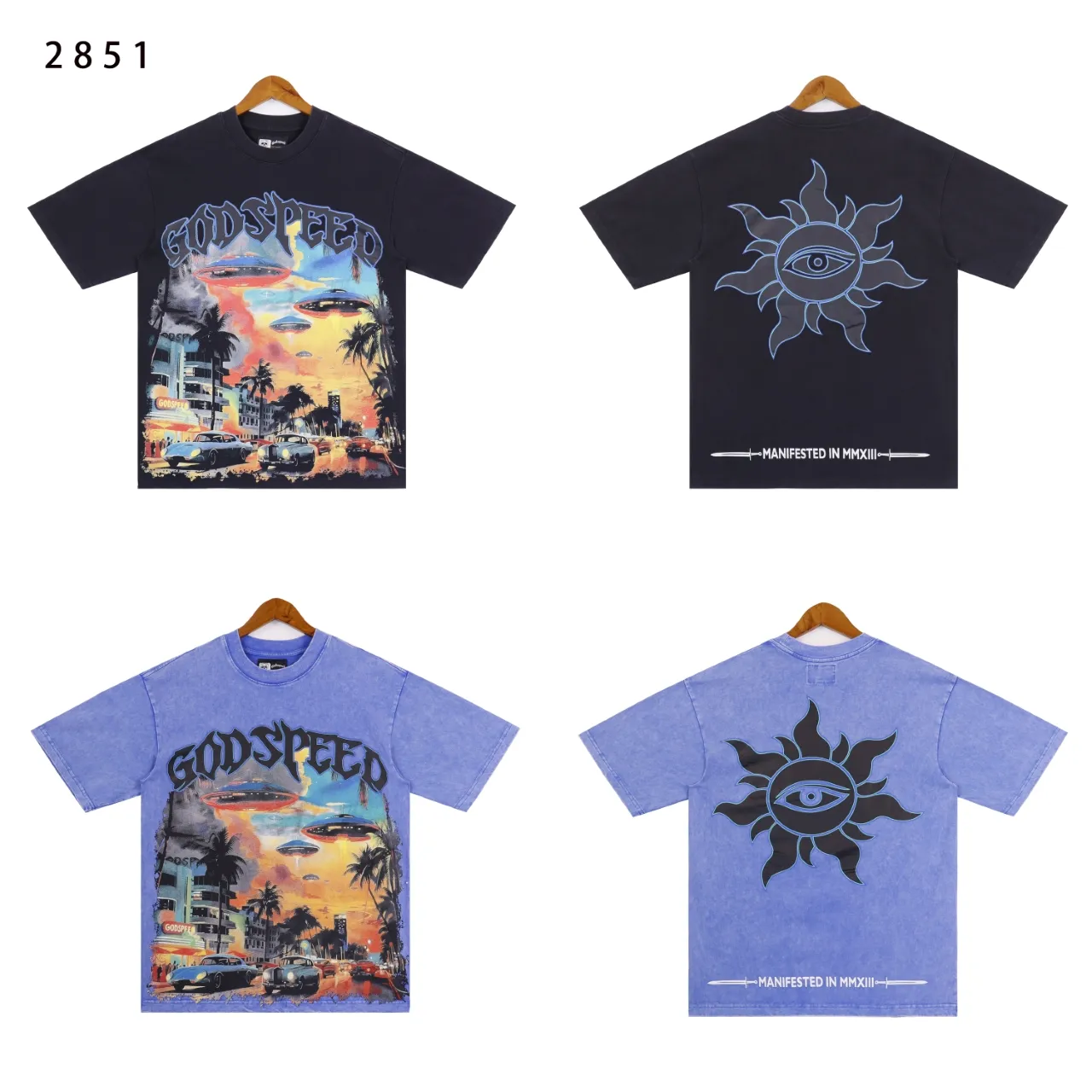 Style No.: 2851 Fabric: 230 grams washed P126 Real shot in stock American trendy Godspeed racing print washed and distressed high quality double yarn casual round neck short-sleeved T-shirt for men and women Color; washed black washed blue Code number: S M L XL