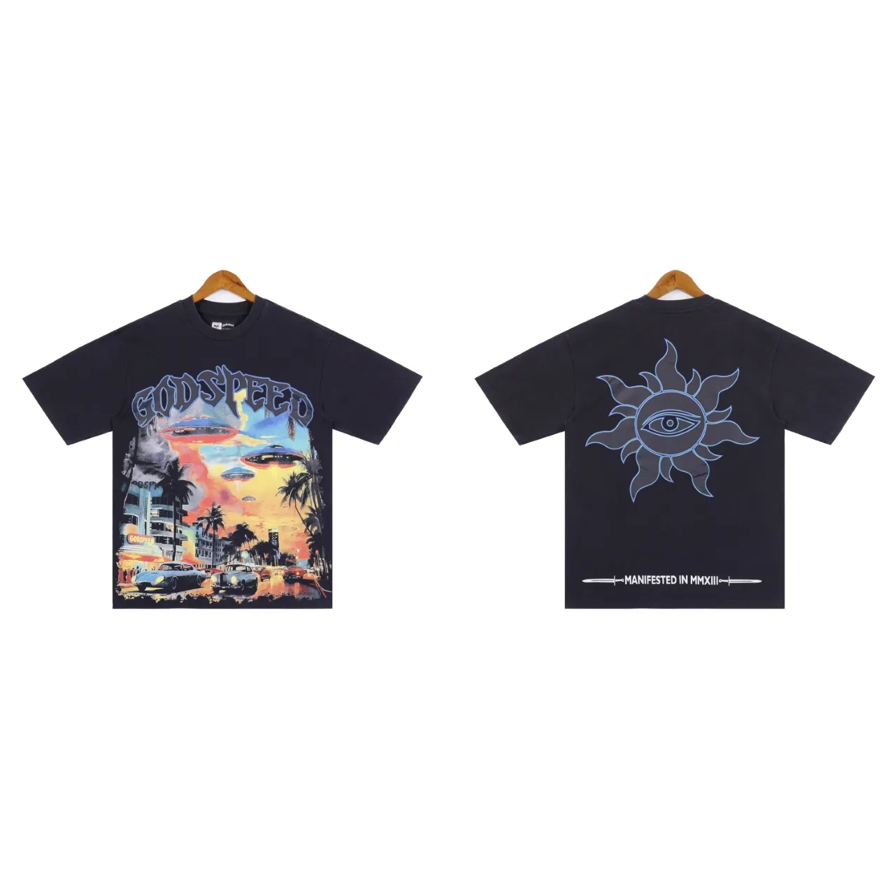 Style No.: 2851 Fabric: 230 grams washed P126 Real shot in stock American trendy Godspeed racing print washed and distressed high quality double yarn casual round neck short-sleeved T-shirt for men and women Color; washed black washed blue Code number: S M L XL