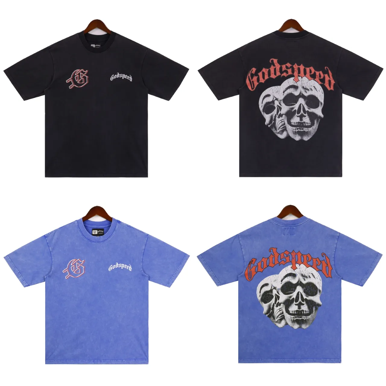 Style No.: 2858 Fabric: 230 grams washed P126 Real shot, spot beauty, trendy Godspeed skull print, washed and distressed, high quality double yarn casual round neck short-sleeved T-shirt for men and women Color; washed black, washed blue Code number: S M L XL