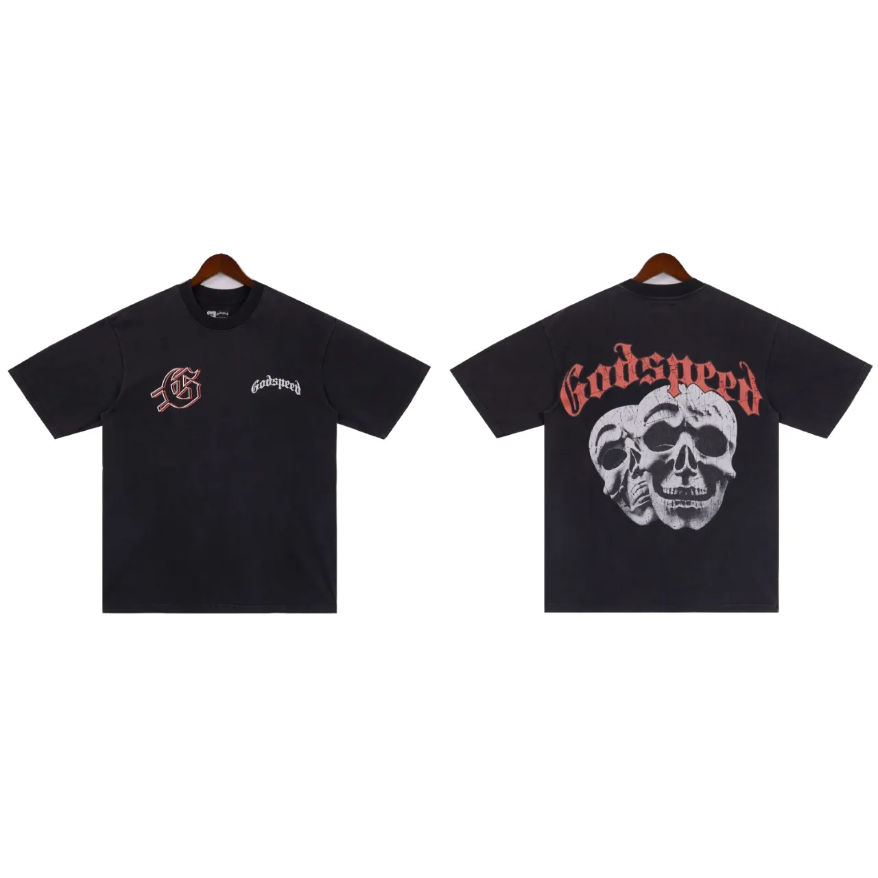 Style No.: 2858 Fabric: 230 grams washed P126 Real shot, spot beauty, trendy Godspeed skull print, washed and distressed, high quality double yarn casual round neck short-sleeved T-shirt for men and women Color; washed black, washed blue Code number: S M L XL