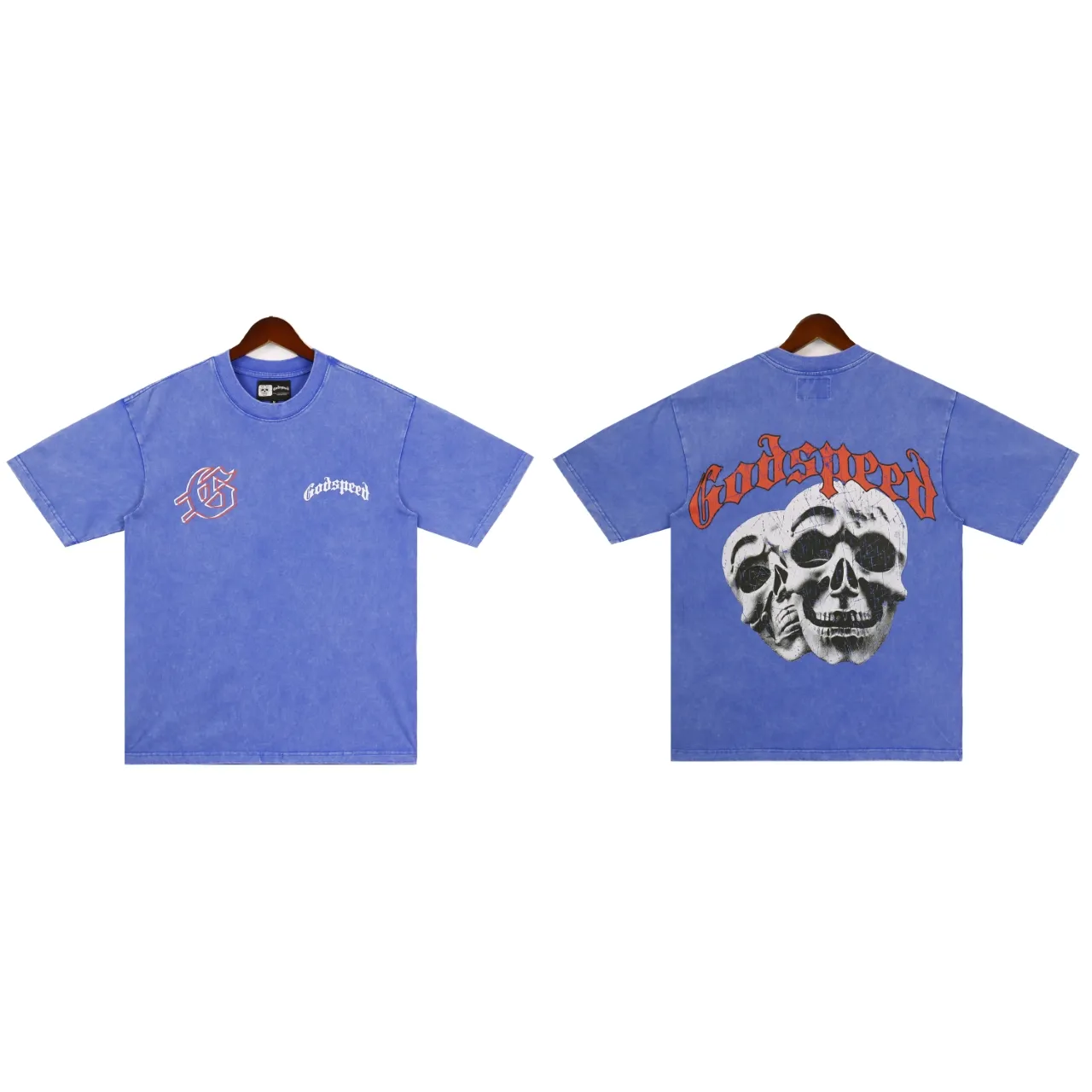 Style No.: 2858 Fabric: 230 grams washed P126 Real shot, spot beauty, trendy Godspeed skull print, washed and distressed, high quality double yarn casual round neck short-sleeved T-shirt for men and women Color; washed black, washed blue Code number: S M L XL