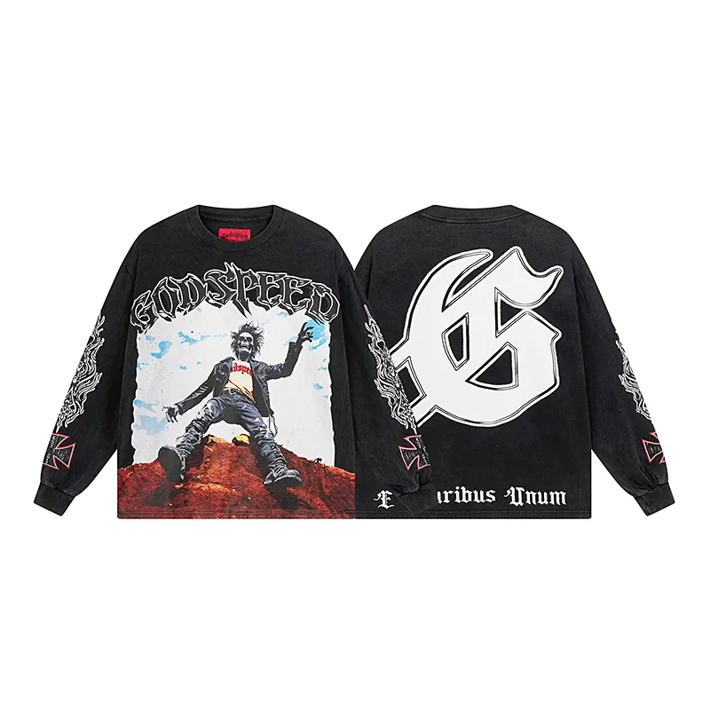 1103# P160 Washed Black Real Shot Godspeed American Fashion Rock Street Retro Washed Distressed Printed Cotton Short Sleeves Fabric: 270g 32 Count Fine Cotton Double Yarn Pure Cotton Color: Washed Black Size: S M L XL