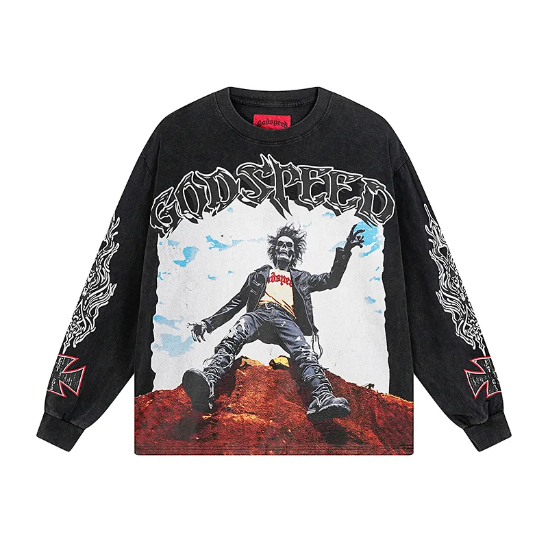1103# P160 Washed Black Real Shot Godspeed American Fashion Rock Street Retro Washed Distressed Printed Cotton Short Sleeves Fabric: 270g 32 Count Fine Cotton Double Yarn Pure Cotton Color: Washed Black Size: S M L XL