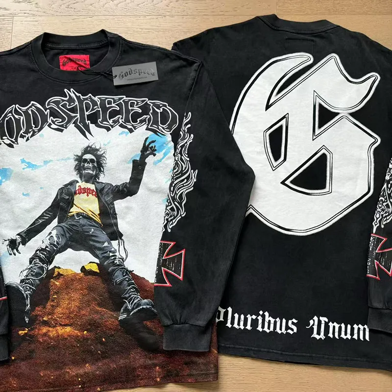 1103# P160 Washed Black Real Shot Godspeed American Fashion Rock Street Retro Washed Distressed Printed Cotton Short Sleeves Fabric: 270g 32 Count Fine Cotton Double Yarn Pure Cotton Color: Washed Black Size: S M L XL