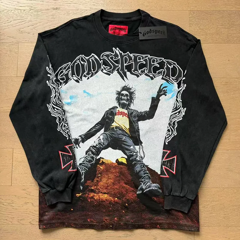 1103# P160 Washed Black Real Shot Godspeed American Fashion Rock Street Retro Washed Distressed Printed Cotton Short Sleeves Fabric: 270g 32 Count Fine Cotton Double Yarn Pure Cotton Color: Washed Black Size: S M L XL