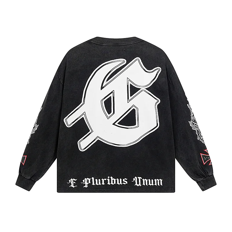 1103# P160 Washed Black Real Shot Godspeed American Fashion Rock Street Retro Washed Distressed Printed Cotton Short Sleeves Fabric: 270g 32 Count Fine Cotton Double Yarn Pure Cotton Color: Washed Black Size: S M L XL