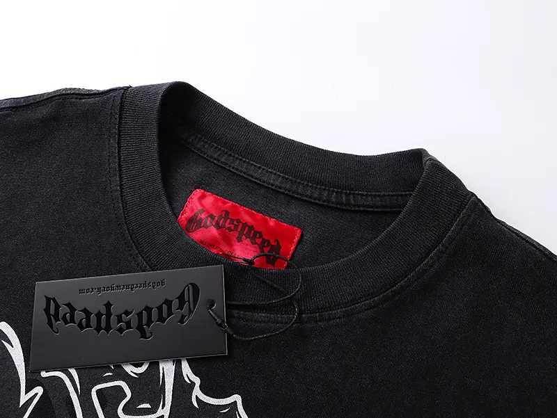 1103# P160 Washed Black Real Shot Godspeed American Fashion Rock Street Retro Washed Distressed Printed Cotton Short Sleeves Fabric: 270g 32 Count Fine Cotton Double Yarn Pure Cotton Color: Washed Black Size: S M L XL