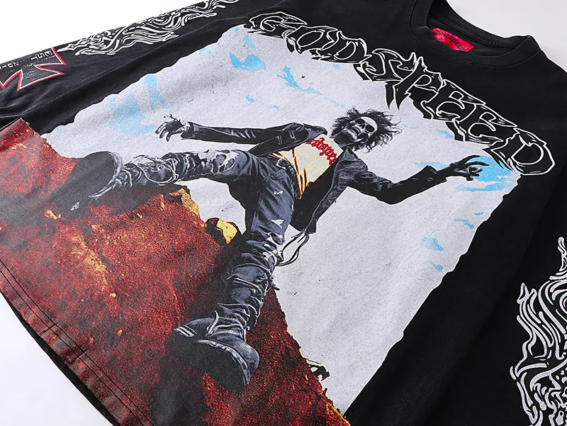 1103# P160 Washed Black Real Shot Godspeed American Fashion Rock Street Retro Washed Distressed Printed Cotton Short Sleeves Fabric: 270g 32 Count Fine Cotton Double Yarn Pure Cotton Color: Washed Black Size: S M L XL