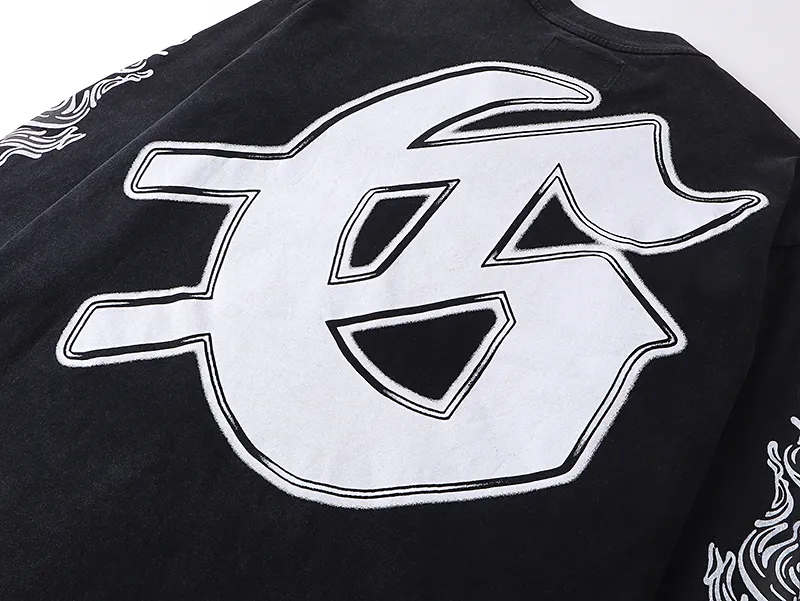 1103# P160 Washed Black Real Shot Godspeed American Fashion Rock Street Retro Washed Distressed Printed Cotton Short Sleeves Fabric: 270g 32 Count Fine Cotton Double Yarn Pure Cotton Color: Washed Black Size: S M L XL