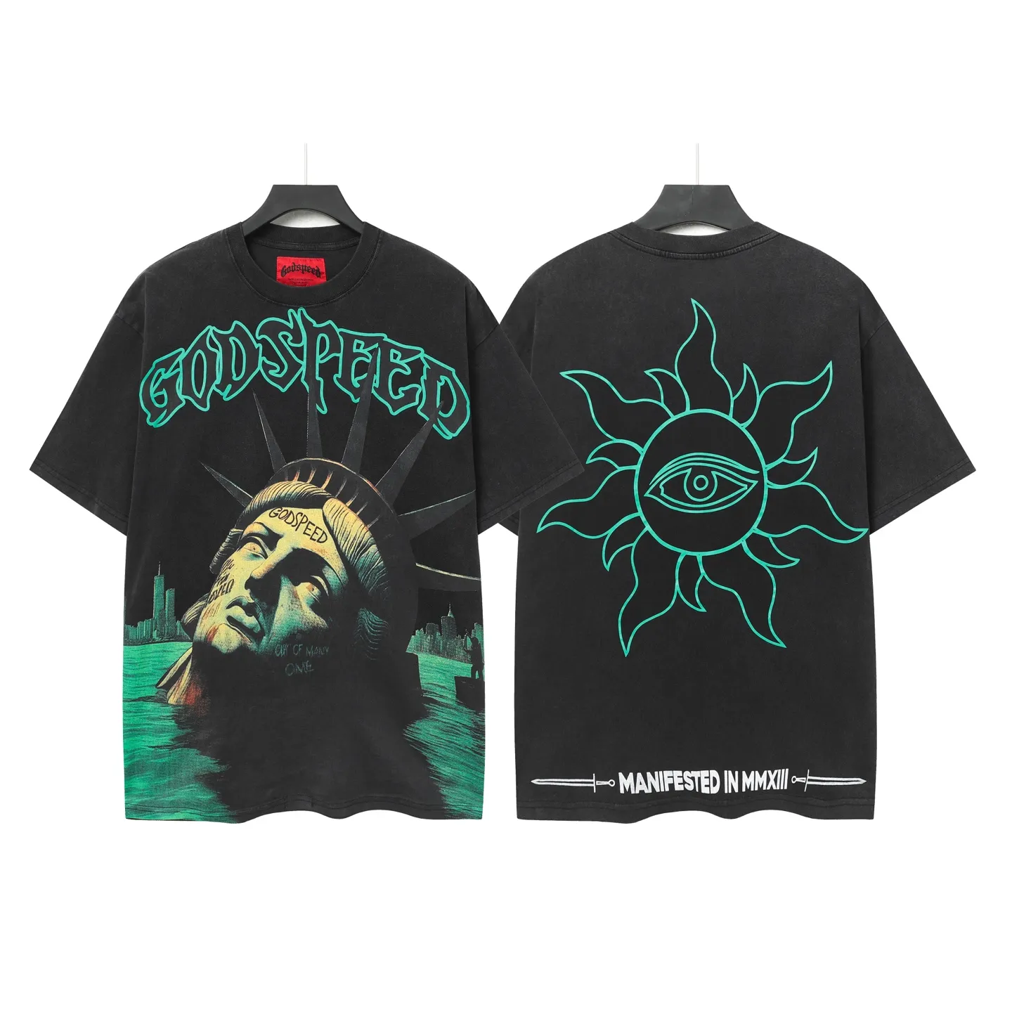 6043#washed black｜P116 Godspeed cross-border American rock and roll street washed retro style short-sleeved T (craft printing) fabric (fabric): 32 count combed double yarn 250g weight size (size): S-M-L-XL color (colour): washed black 👉