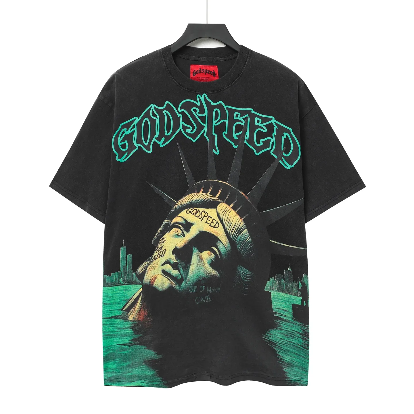 6043#washed black｜P116 Godspeed cross-border American rock and roll street washed retro style short-sleeved T (craft printing) fabric (fabric): 32 count combed double yarn 250g weight size (size): S-M-L-XL color (colour): washed black 👉
