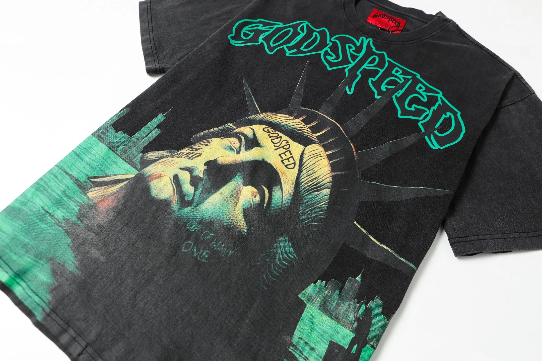 6043#washed black｜P116 Godspeed cross-border American rock and roll street washed retro style short-sleeved T (craft printing) fabric (fabric): 32 count combed double yarn 250g weight size (size): S-M-L-XL color (colour): washed black 👉